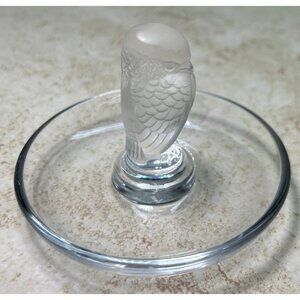 Lalique Owl Trinket Dish Clear Frosted Glass Bird